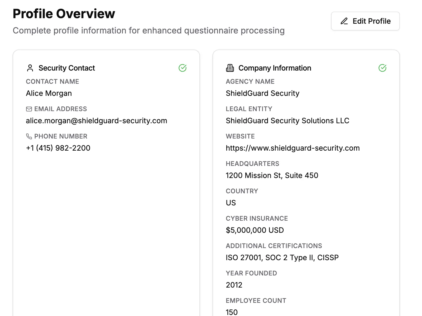 Client profile dashboard showing company details and security controls