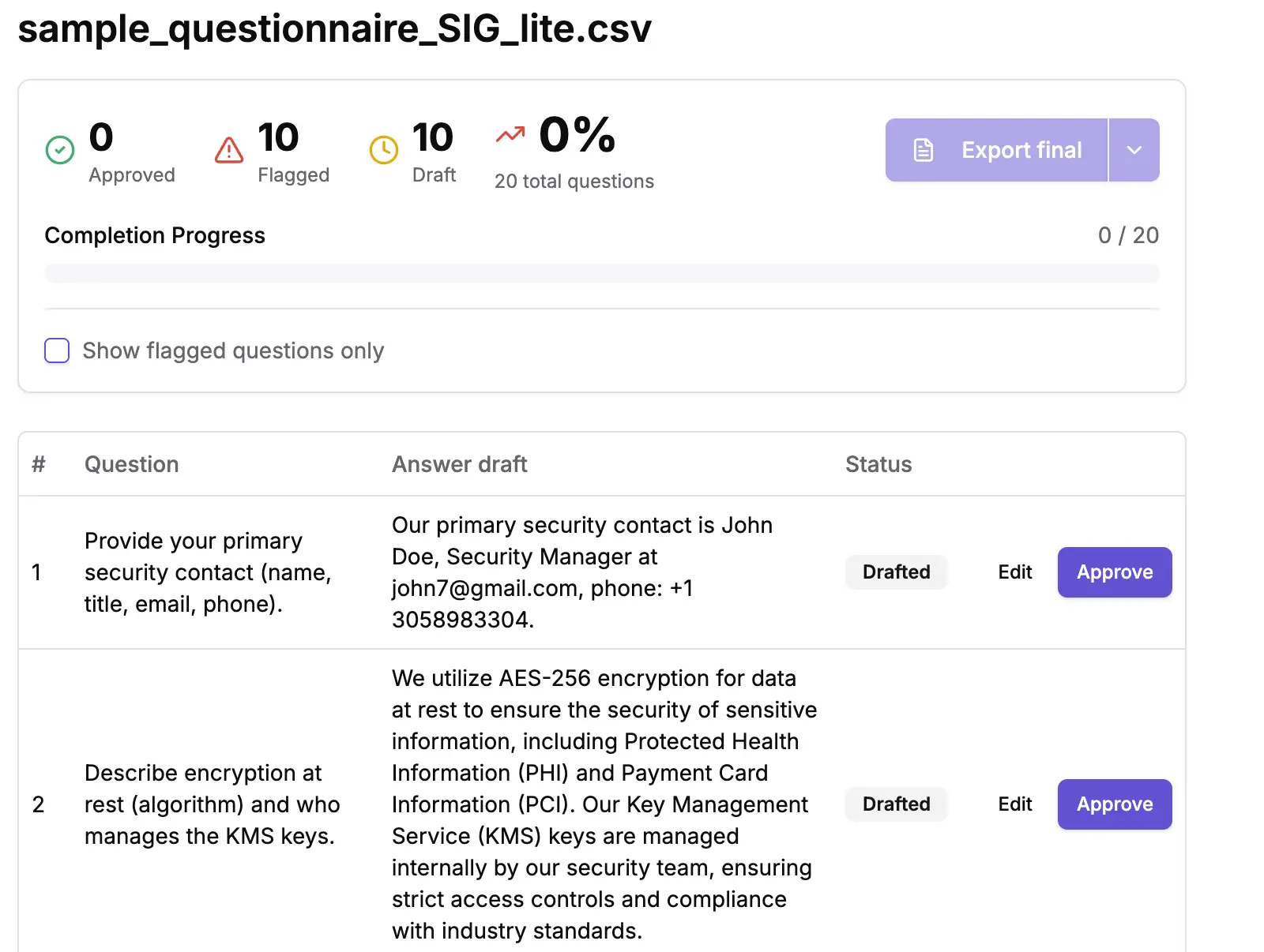 Review interface showing AI-generated answers with approve/flag options and export button